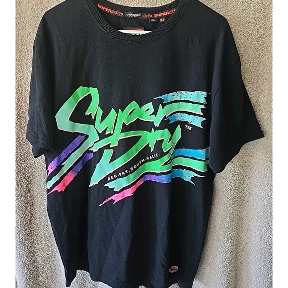 Superdry Mens XL T-Shirt Black Short Sleeve Neon Graphic Oversized Fit Y2K Vibes - Picture 3 of 15
